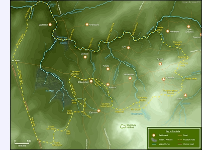 Proposed charter bounds shown with contours and other probable features of the Anglo-Saxon landscape (a full size version is included in the PDF file).